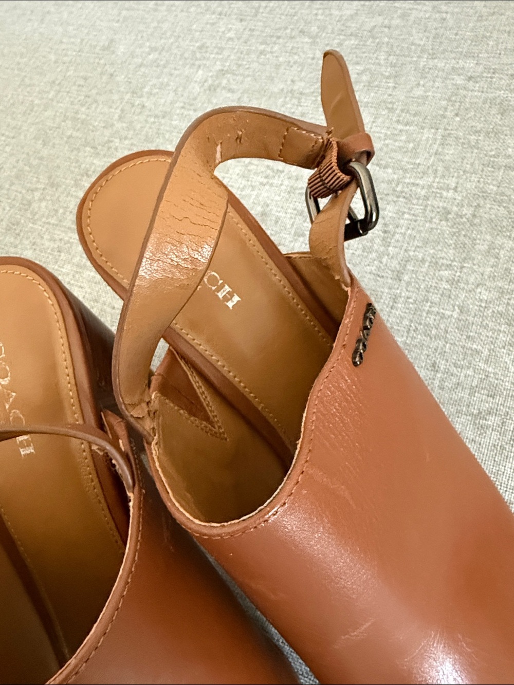 Coach Tan Brady Leather Open-Toe Slingback Block Heels with defect - Picture 3 of 10